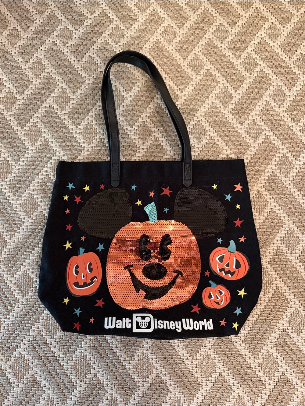 Disney Halloween Black Tote Bag with Orange Sequin Pumpkin and Multicolor Stars